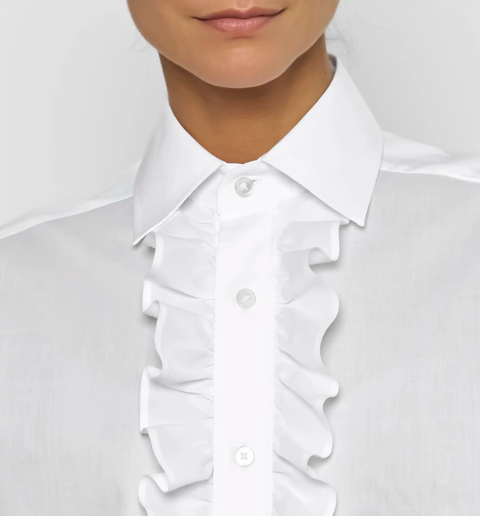 Ruffle shirt in white — collar and ruffle detail