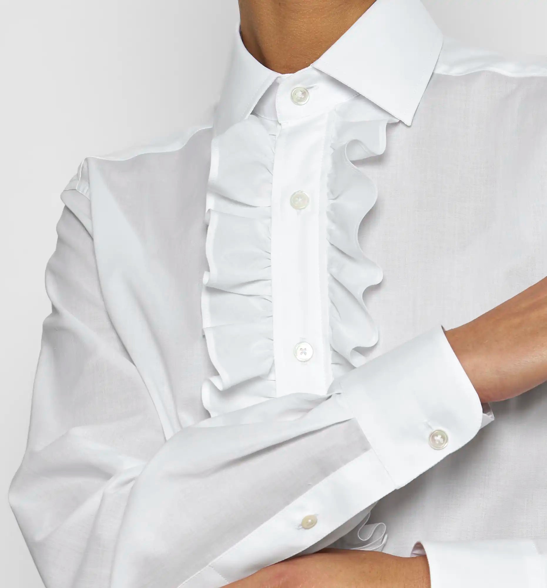Ruffle shirt in white — bodice ruffle detail