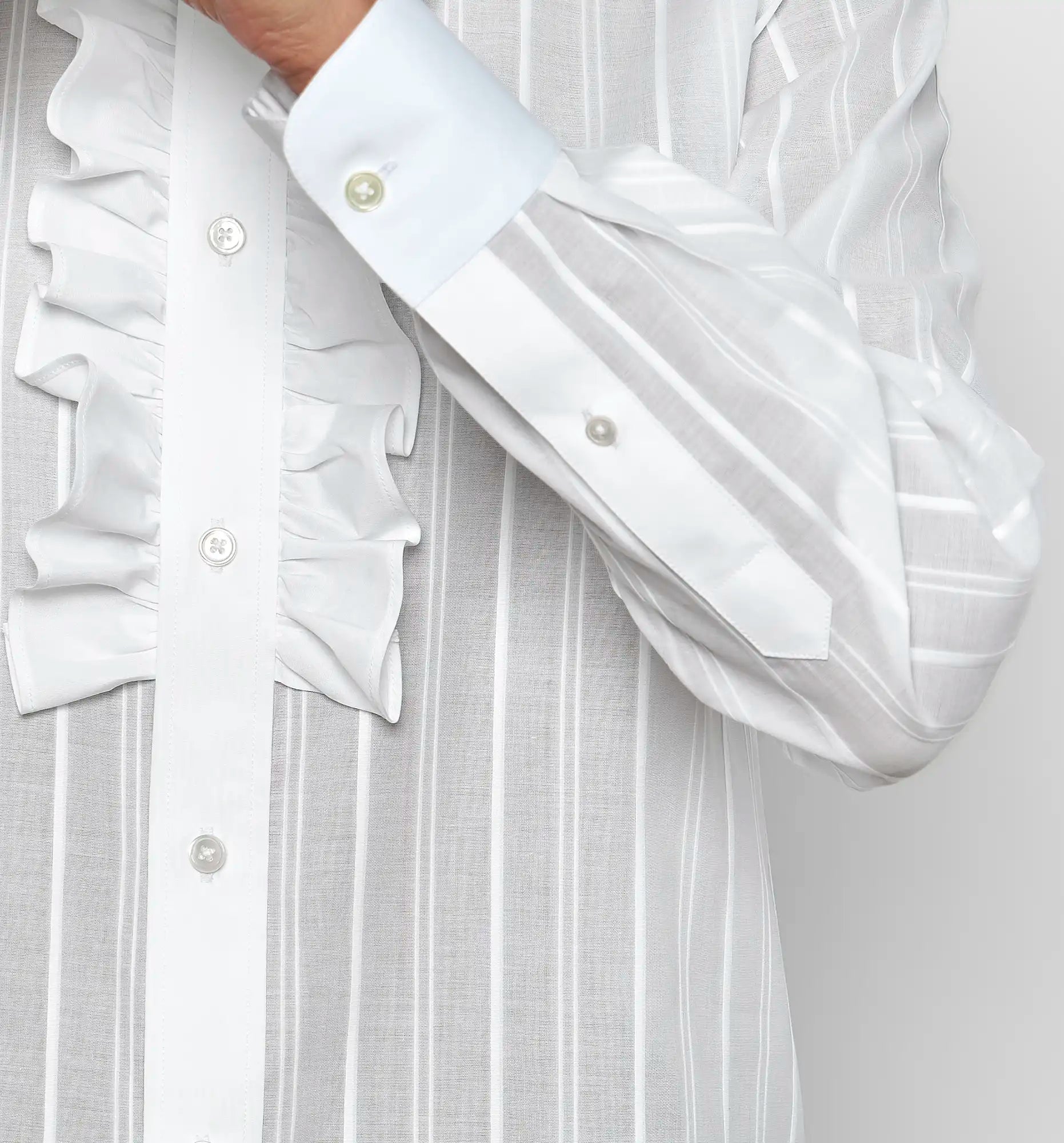 Sébline – White striped Ruffle Shirt, close-up detail on-model view