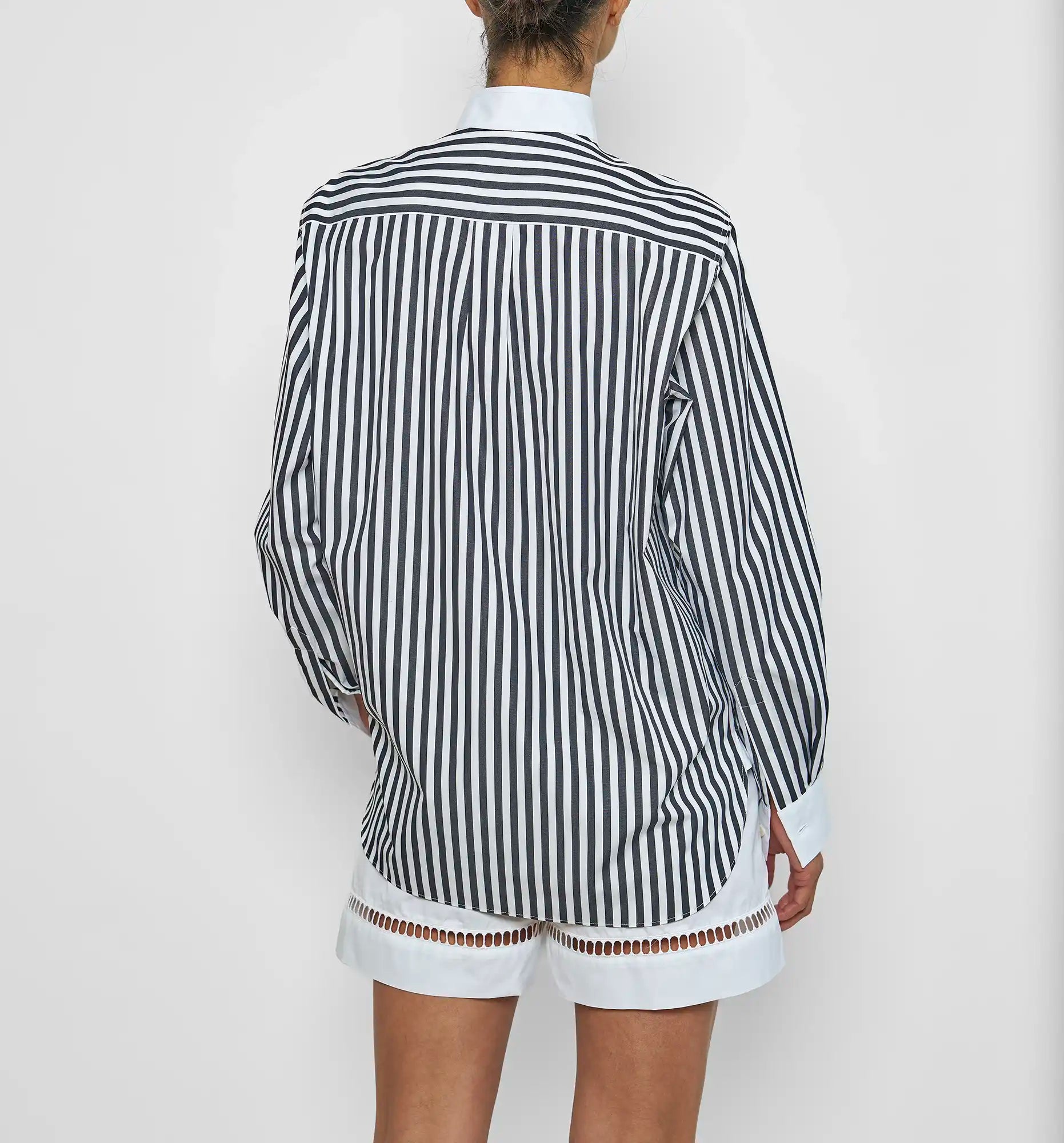 Wing collar shirt in blue and white stripes — back view, on-model
