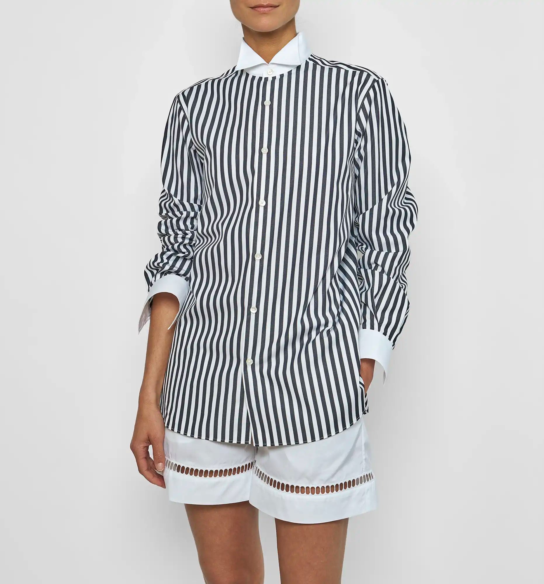 Wing collar shirt in blue and white stripes — front view, on-model