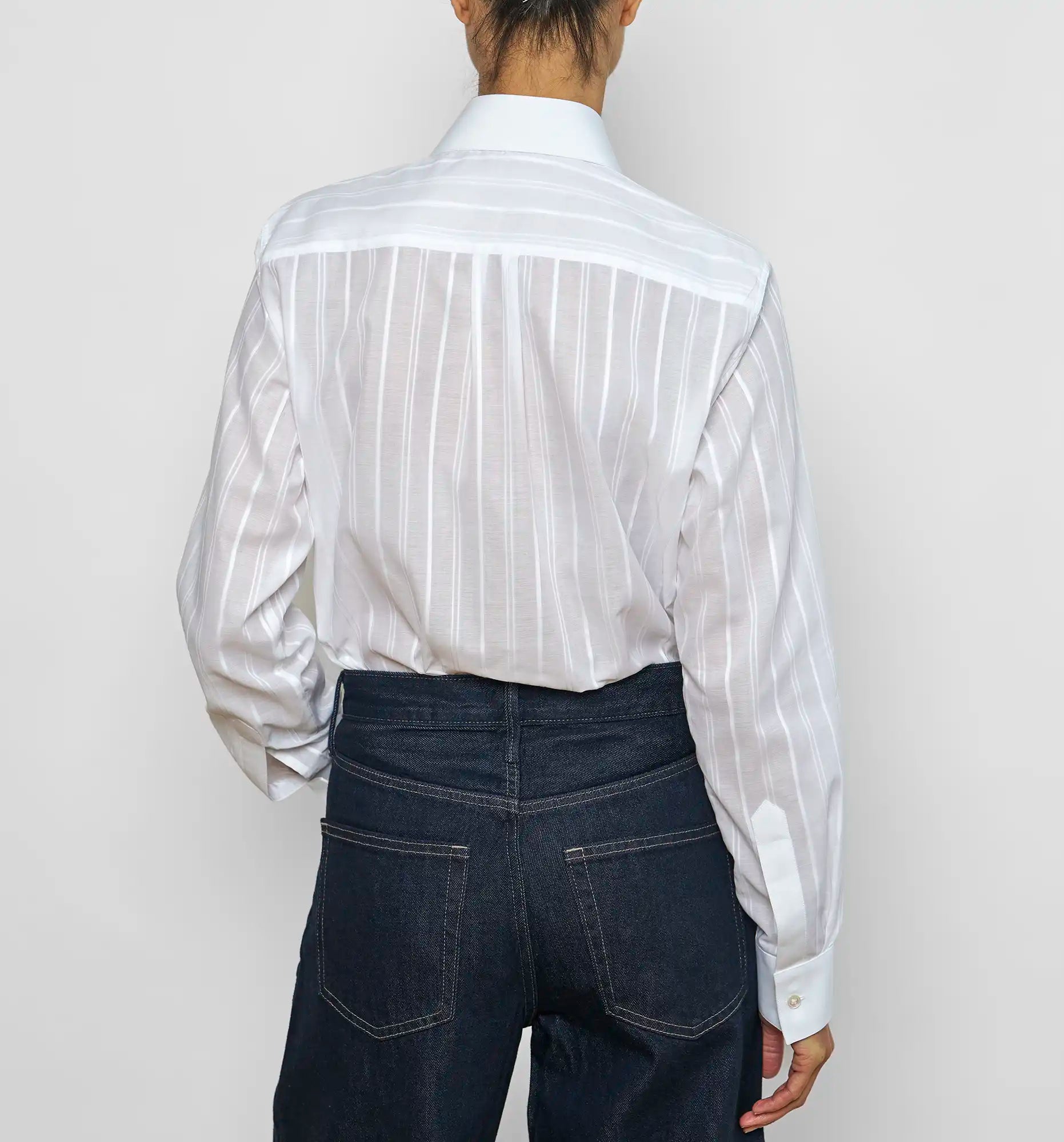 Sébline – White finely striped Work Shirt, back on-model view