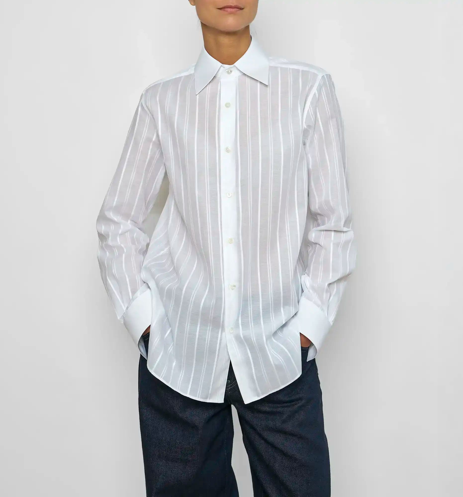 Sébline – White striped Work Shirt, front on-model view
